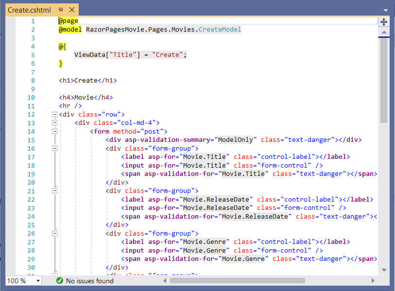 Vue VS17 de la page Create.cshtml