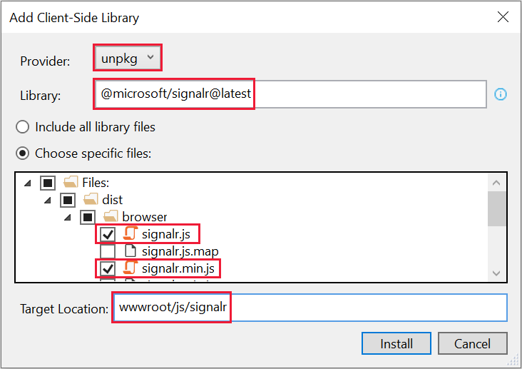 Boîte de dialogue Ajouter une bibliothèque côté client - sélectionner la bibliothèque