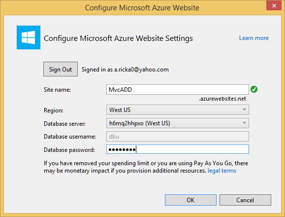 Capture d’écran de la boîte de dialogue Configurer le site web Azure, montrant le nom du site, la région, le serveur de base de données, le nom d’utilisateur de la base de données et le mot de passe de la base de données générés automatiquement.