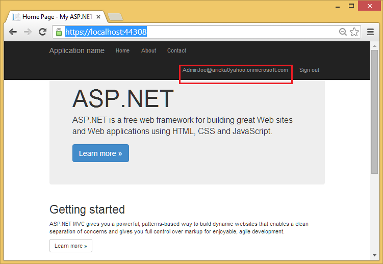 Capture d’écran d’un site A SP dot NET avec vous l mis en surbrillance dans la barre d’adresse et le nom d’utilisateur mis en surbrillance en haut à droite.