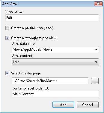 Capture d’écran de la zone Ajouter une vue pour le nom de l’affichage, Modifier, qui montre Créer un affichage fortement typé et Sélectionner master entrées de page sélectionnées.