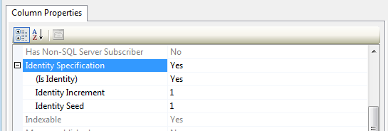 Capture d’écran de l’onglet Propriétés de colonne. Spécification d’identité est mise en surbrillance.