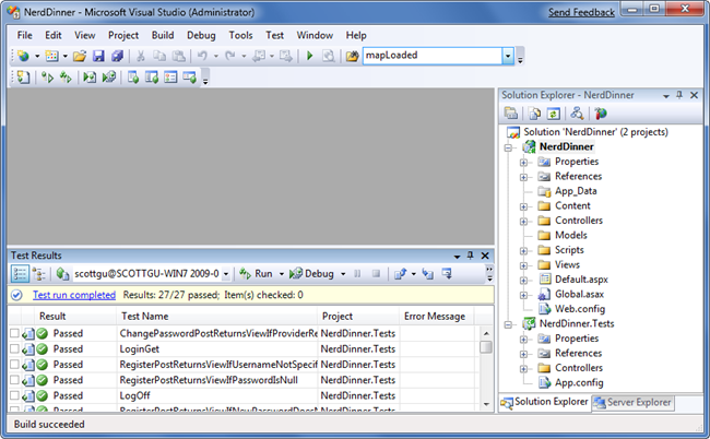 Capture d’écran du volet Résultats des tests dans l’ID E avec la barre oblique d’échec de réussite status sur les 27 tests unitaires affichés.