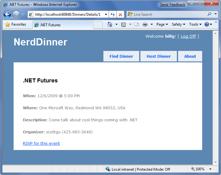Capture d’écran de la page Nerd Dinners avec le bouton R S V P en bas.