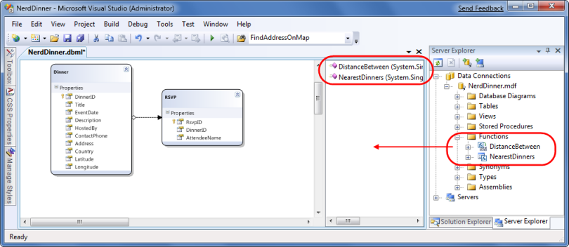 Capture d’écran des fonctions Dîners les plus proches et Distance entre les fonctions.