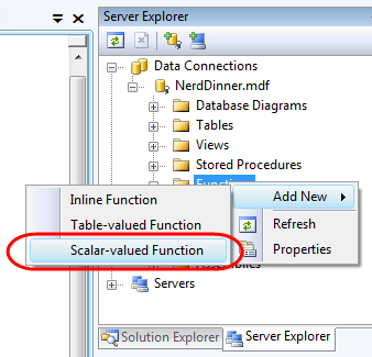 Capture d’écran de l’Explorer de serveur dans Visual Studio. La base de données Nerd Dinner est sélectionnée et le sous-nœud fonctions est sélectionné. La fonction scalaire est mise en surbrillance.
