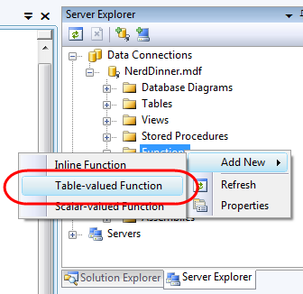Capture d’écran du serveur S Q L. Table-Valued fonction est mise en surbrillance.