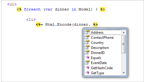 Capture d’écran de la fenêtre de l’éditeur de code montrant un menu déroulant avec l’élément de liste Adresse mis en surbrillance dans une zone en pointillés gris.