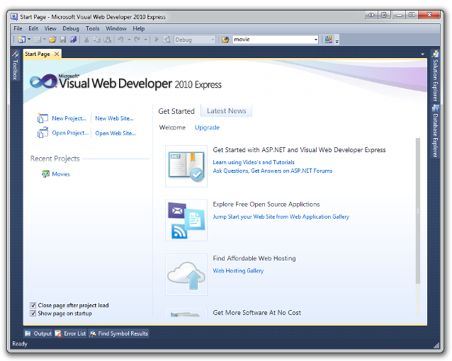 Capture d’écran montrant la page de démarrage de Microsoft Visual Web Developer.