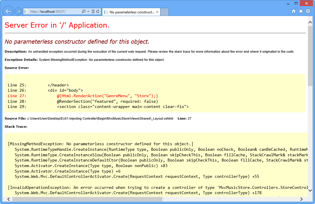 Erreur lors de l’exécution de ASP.NET erreur de début de l’application MVC