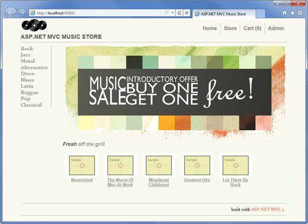 Capture d’écran du menu vue d’ensemble du magasin A SP dot Net Music Store, avec des options permettant de sélectionner un genre ou parmi les sélections principales.