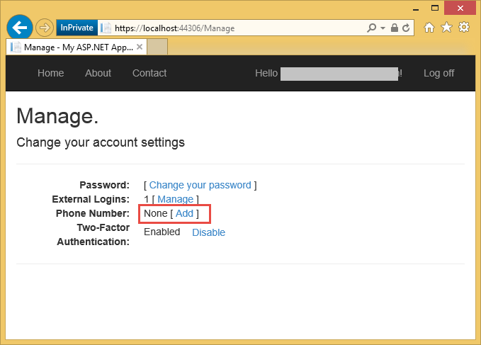 Capture d’écran montrant la page Paramètres du compte de l’application ASP.NET. Aucun élément « Add next to Phone Number section » n’est mis en évidence.