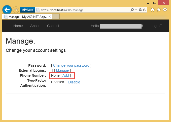 Capture d’écran montrant la page Paramètres du compte de l’application A SP dot NET. Aucun Ajouter en regard de la section Numéro de téléphone est mis en surbrillance.