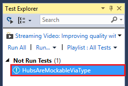 Capture d’écran montrant HubsAreMockableViaType sélectionné dans la fenêtre Test Explorer.