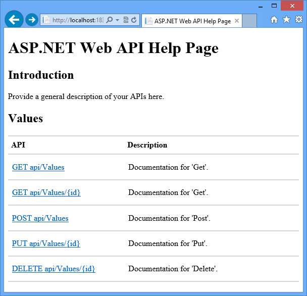 Page d’aide de l’API web