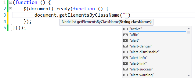 Affichage d’IntelliSense pour la fonction getElementsByClassName