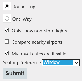 Capture d’écran du formulaire HTML avec le cercle Round-Trip rempli et les cases Afficher uniquement les vols sans escale et Mes dates de voyage sont cochées.