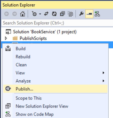 Capture d’écran de la fenêtre Explorateur de solutions avec un clic droit sur le projet et l’élément Publier dans la liste mis en surbrillance en jaune.