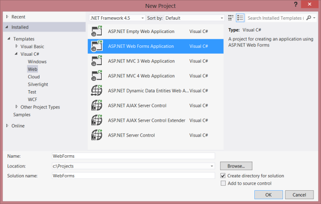 Capture d’écran du volet nouveau modèle de projet, montrant les options de menu disponibles pour la création du formulaire d’application web A SP dot NET.