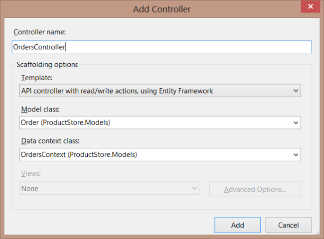 Capture d’écran de la boîte de dialogue Ajouter un contrôleur. OrdersController est écrit dans la zone de texte.