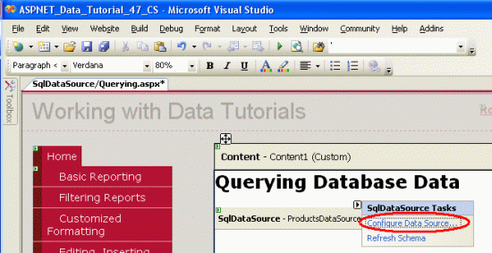 Cliquez sur le lien Configurer la source de données à partir de la balise intelligente SqlDataSource