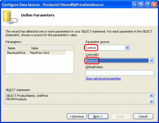 La propriété text de MaxPrice TextBox est utilisée comme source de paramètre