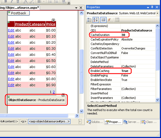 Configurer ObjectDataSource pour mettre ses données en cache pendant 30 secondes