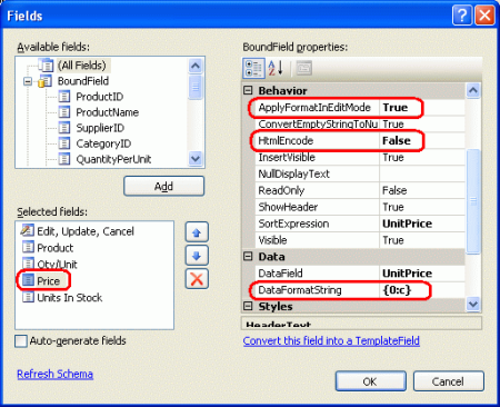 Configurer l’objet BoundField UnitPrice pour qu’il s’affiche en tant que devise