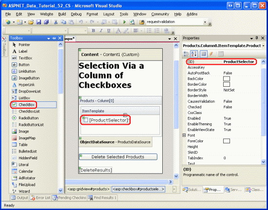 Ajouter un contrôle Web CheckBox nommé ProductSelector à l’élément ItemTemplate de TemplateField