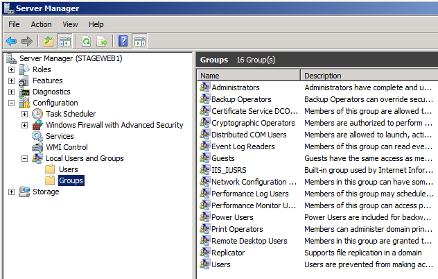 Dans la fenêtre Gestionnaire de serveur, dans le volet d’arborescence, développez Configuration, développez Utilisateurs et groupes locaux, puis cliquez sur Groupes.