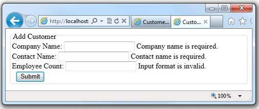 Capture d’écran montrant les messages d’erreur affichés si les utilisateurs entrent une chaîne pour le champ Employés.