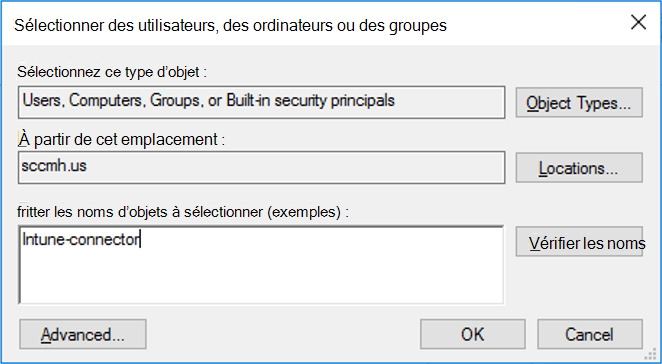 Capture d’écran du volet Sélectionner des utilisateurs, des ordinateurs ou des groupes.