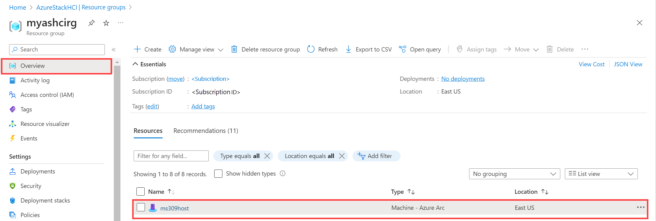 Capture d’écran des serveurs Azure Stack HCI dans le groupe de ressources après l’inscription réussie.