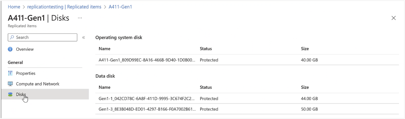 Capture d’écran des disques d’une machine virtuelle répliquée sélectionnée dans le portail Azure pour la ressource locale Azure.