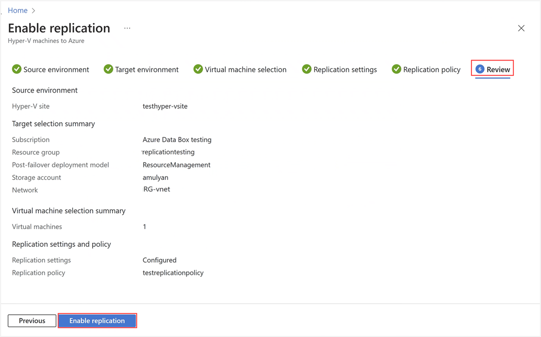 Capture d’écran de l’onglet Révision dans le portail Azure pour la ressource locale Azure.
