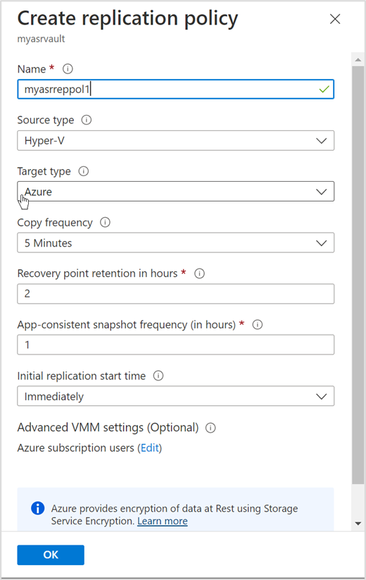 Capture d’écran de la création d’une stratégie de réplication dans le portail Azure pour la ressource locale Azure.