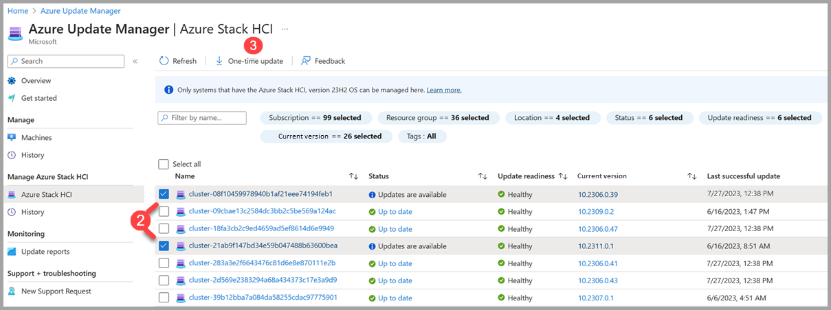 Capture d’écran de l’installation des mises à jour de cluster dans Gestionnaire de mise à jour Azure.