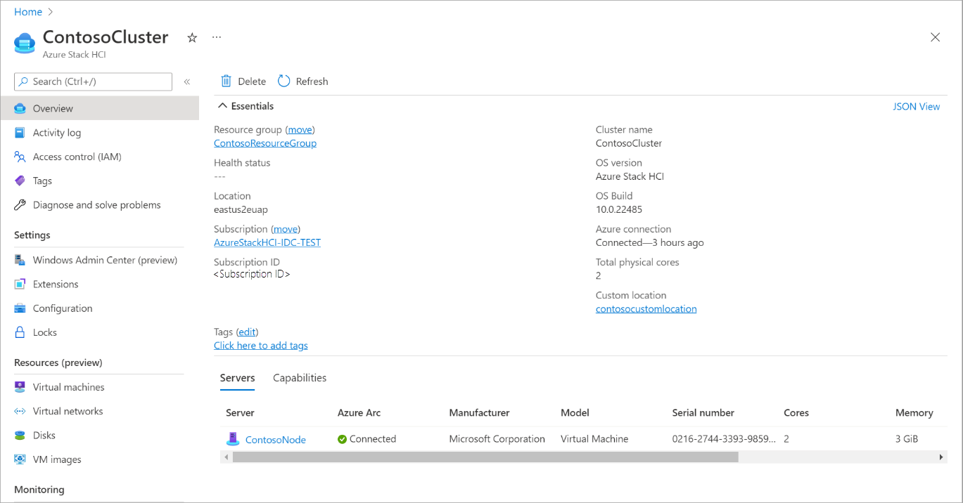 Capture d’écran de la page Vue d’ensemble de la ressource de cluster Azure Stack HCI montrant Azure Arc comme connecté.