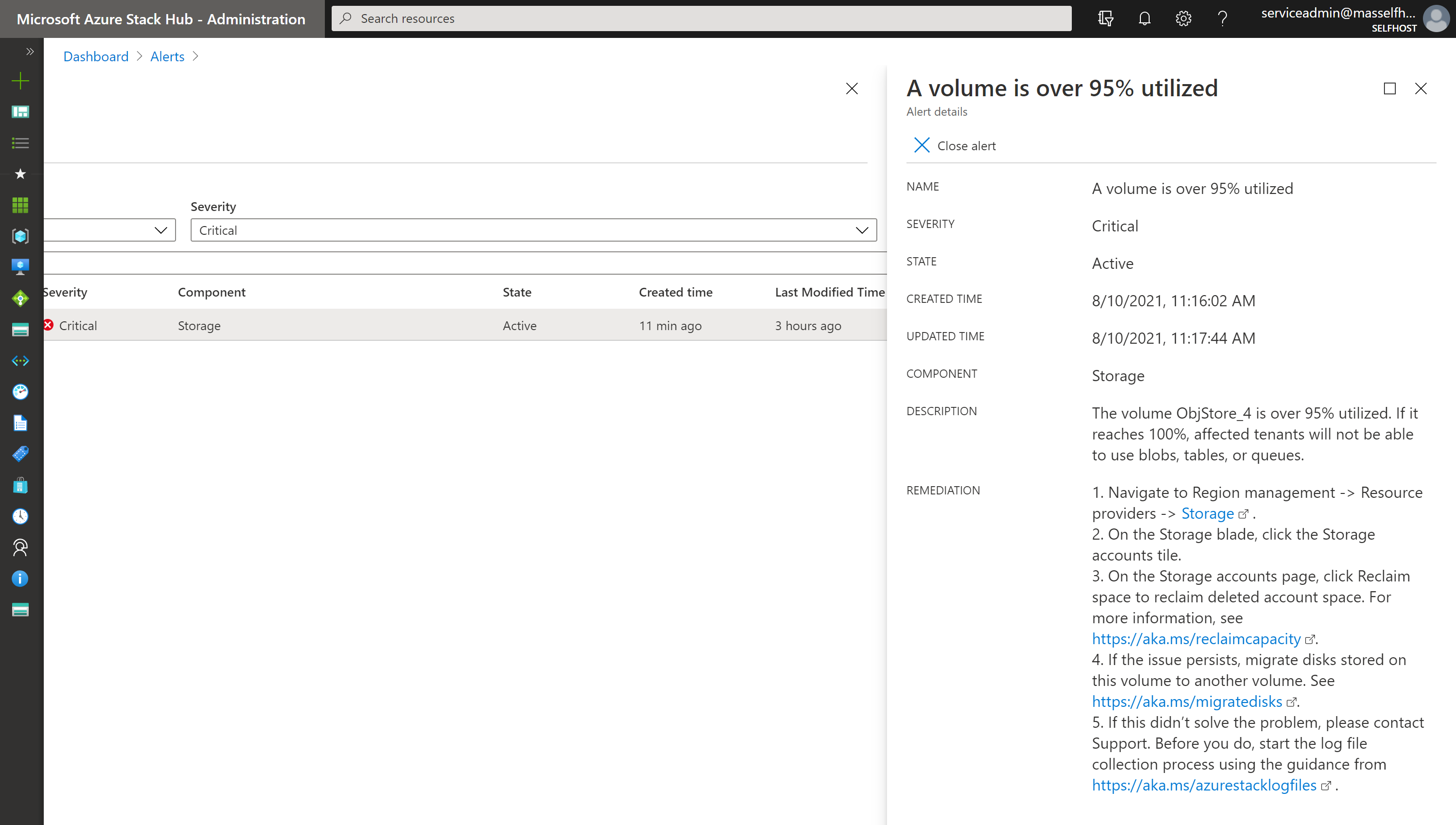 : capture d’écran de l’affichage des détails d’alerte dans le portail d’administration Azure Stack Hub