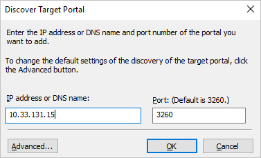 La fenêtre Découvrir un portail cible affiche 10.33.131.15 dans la zone de texte « Adresse IP ou nom DNS : » et 3260 (valeur par défaut) dans la zone de texte Port. Un bouton Avancé est disponible.