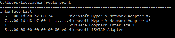 La sortie de la commande « route print » est une liste d'interfaces qui comprend deux cartes réseau Hyper-V : L'Interface 6 correspond à la carte réseau Hyper-V n°2 et l'Interface 7 à la carte n°3.