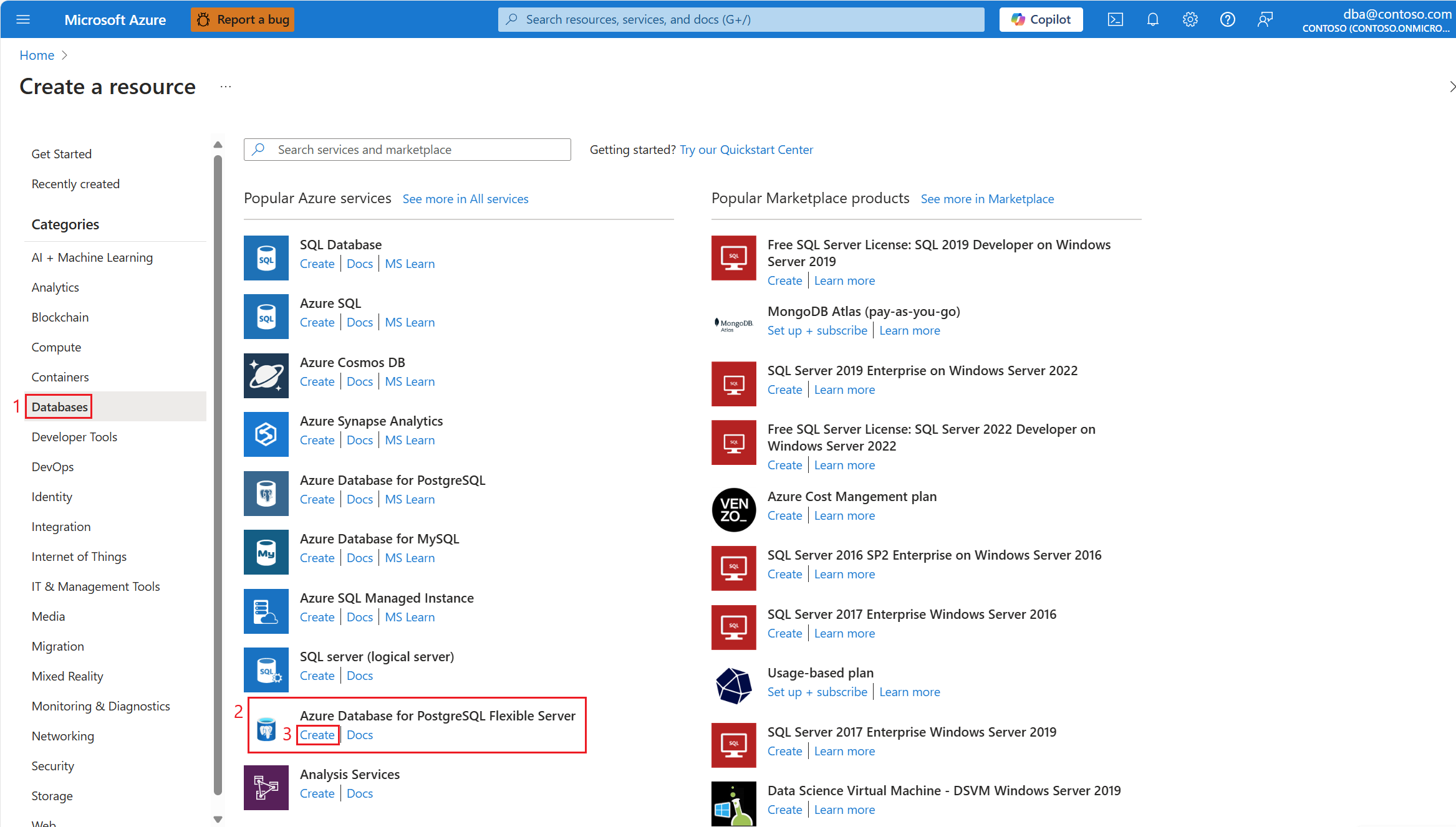 Capture d’écran qui montre comment créer une instance de base de données Azure pour serveur flexible.