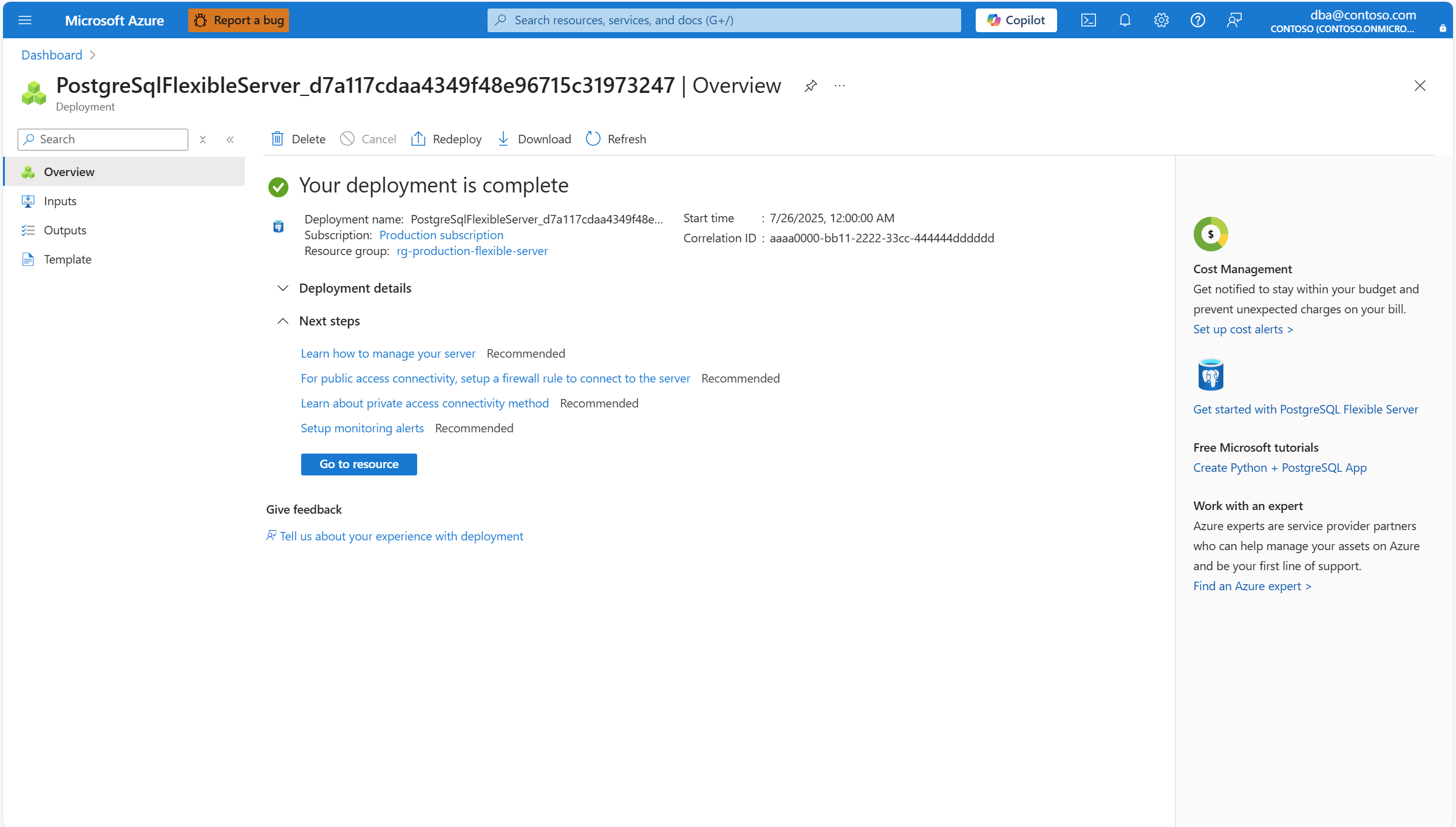 Capture d’écran qui montre le déploiement réussi de votre instance de serveur flexible Azure Database pour PostgreSQL.