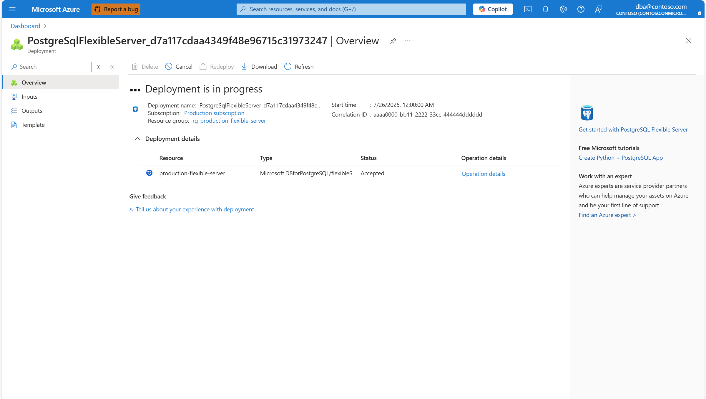 Capture d’écran qui montre le déploiement en cours pour créer votre instance de serveur flexible Azure Database pour PostgreSQL.