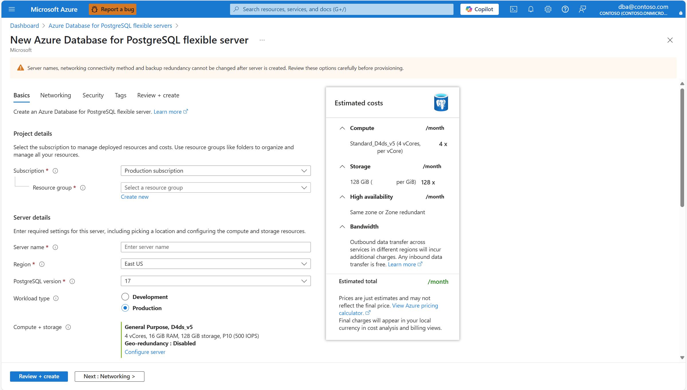 Capture d’écran qui montre l’onglet Informations de base de l’Assistant Nouveau serveur flexible Azure Database pour PostgreSQL permettant de créer une nouvelle instance.