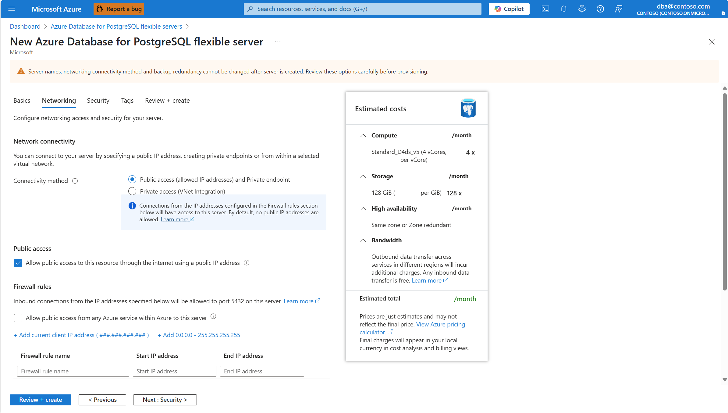 Capture d’écran qui montre l’onglet Mise en réseau de l’Assistant Nouveau serveur flexible Azure Database pour PostgreSQL permettant de créer une nouvelle instance.