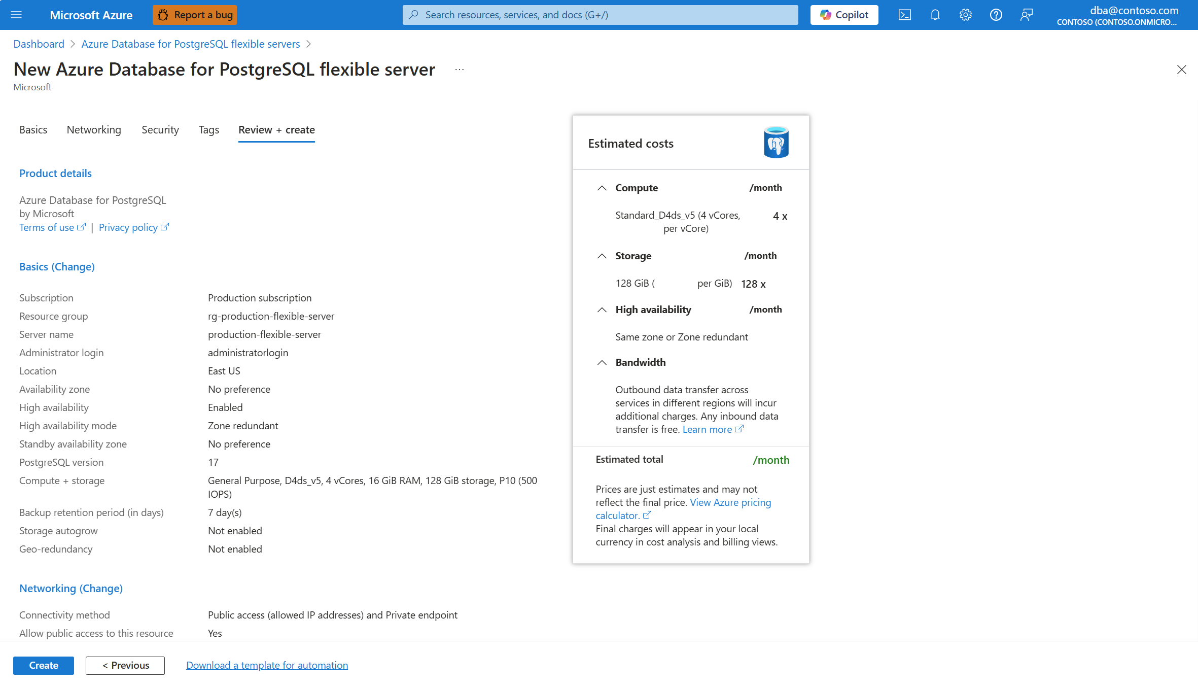 Capture d’écran qui montre l’onglet Vérifier + créer de l’Assistant Nouveau serveur flexible Azure Database pour PostgreSQL permettant de créer une nouvelle instance.