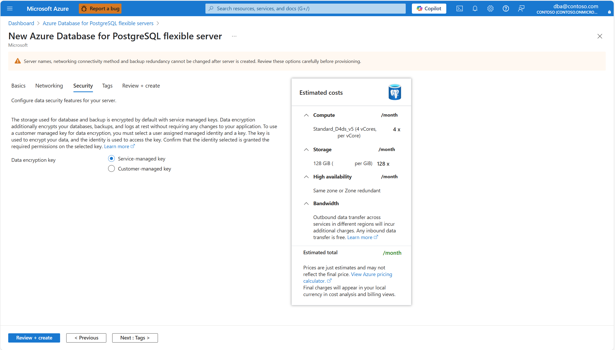 Capture d’écran qui montre l’onglet Sécurité de l’Assistant Nouveau serveur flexible Azure Database pour PostgreSQL permettant de créer une nouvelle instance.