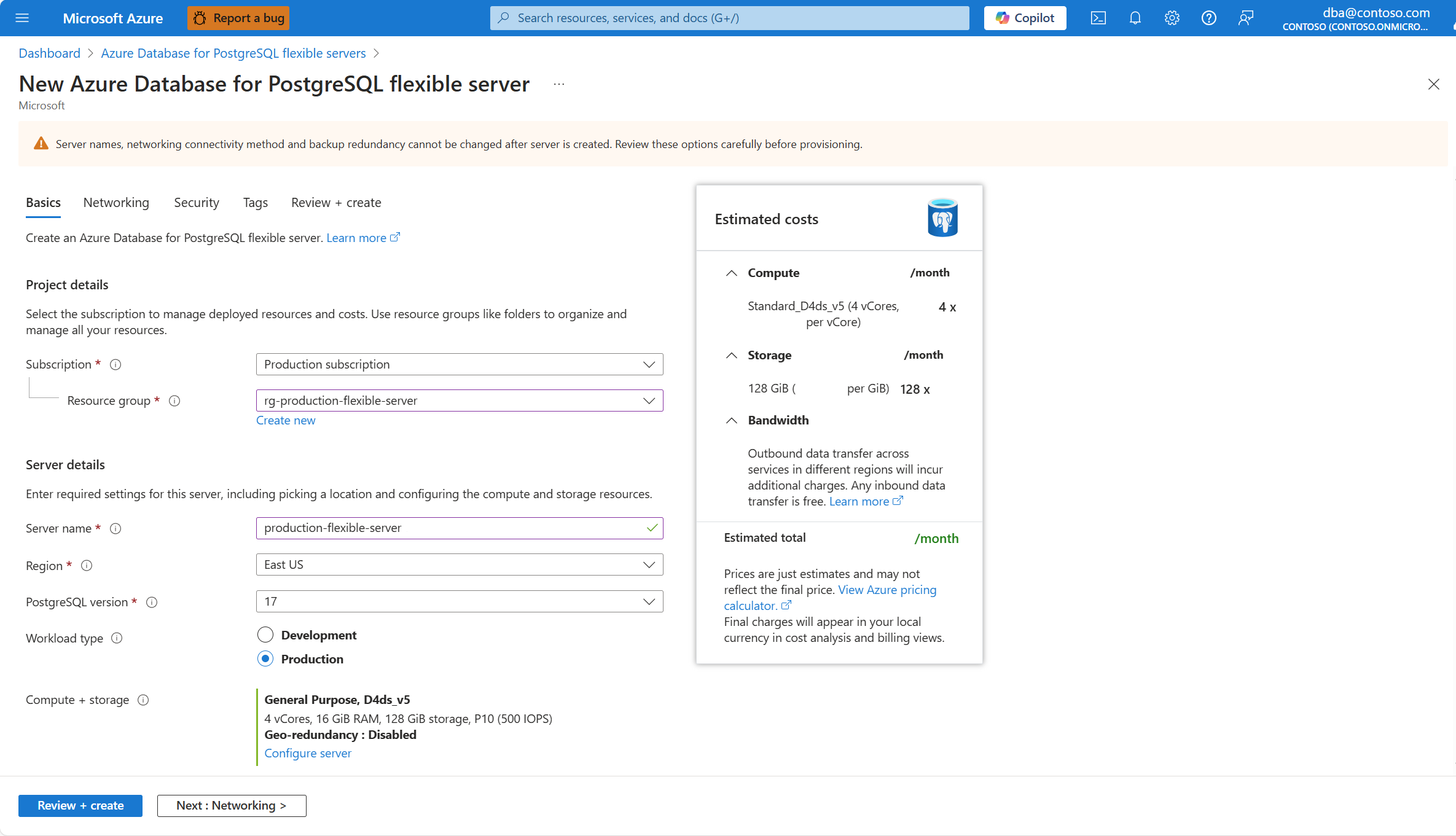 Capture d’écran qui met en évidence le bouton Suivant : Mise en réseau dans l’onglet Informations de base de l’Assistant Nouveau serveur flexible Azure Database pour PostgreSQL permettant de créer une nouvelle instance.