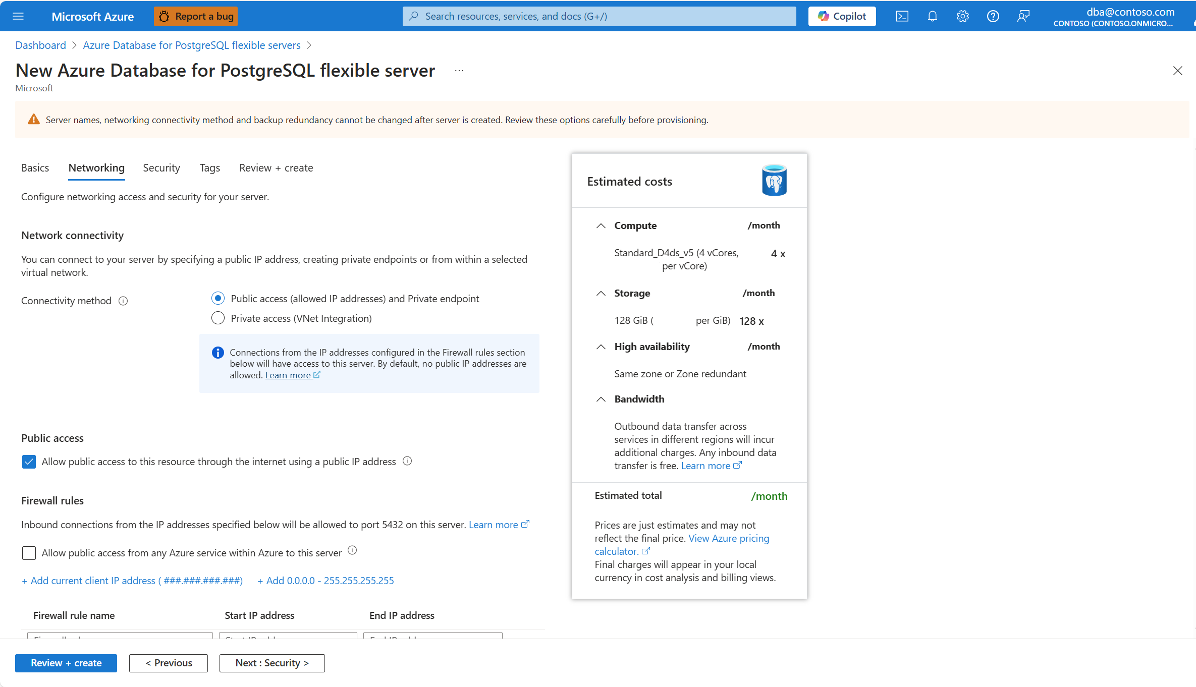 Capture d’écran qui met en évidence le bouton Suivant : Sécurité dans l’onglet Mise en réseau de l’Assistant Nouveau serveur flexible Azure Database pour PostgreSQL permettant de créer une nouvelle instance.